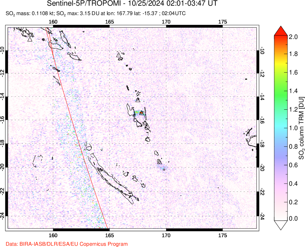 A sulfur dioxide image over Vanuatu, South Pacific on Oct 25, 2024.