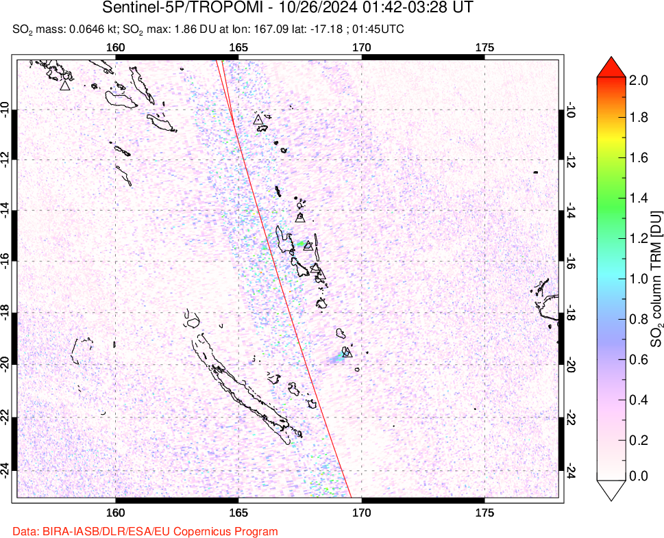 A sulfur dioxide image over Vanuatu, South Pacific on Oct 26, 2024.