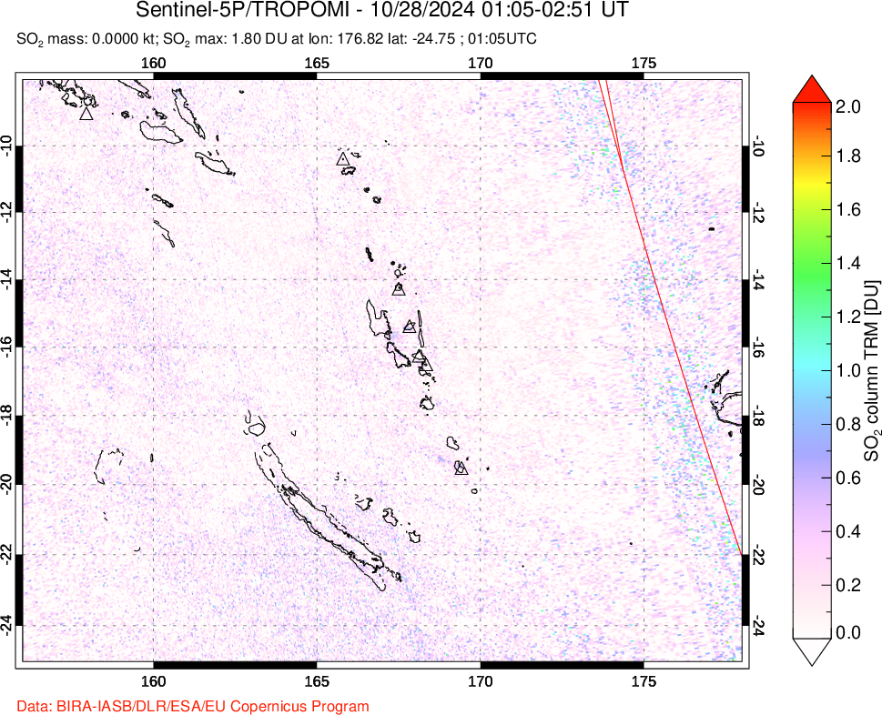 A sulfur dioxide image over Vanuatu, South Pacific on Oct 28, 2024.