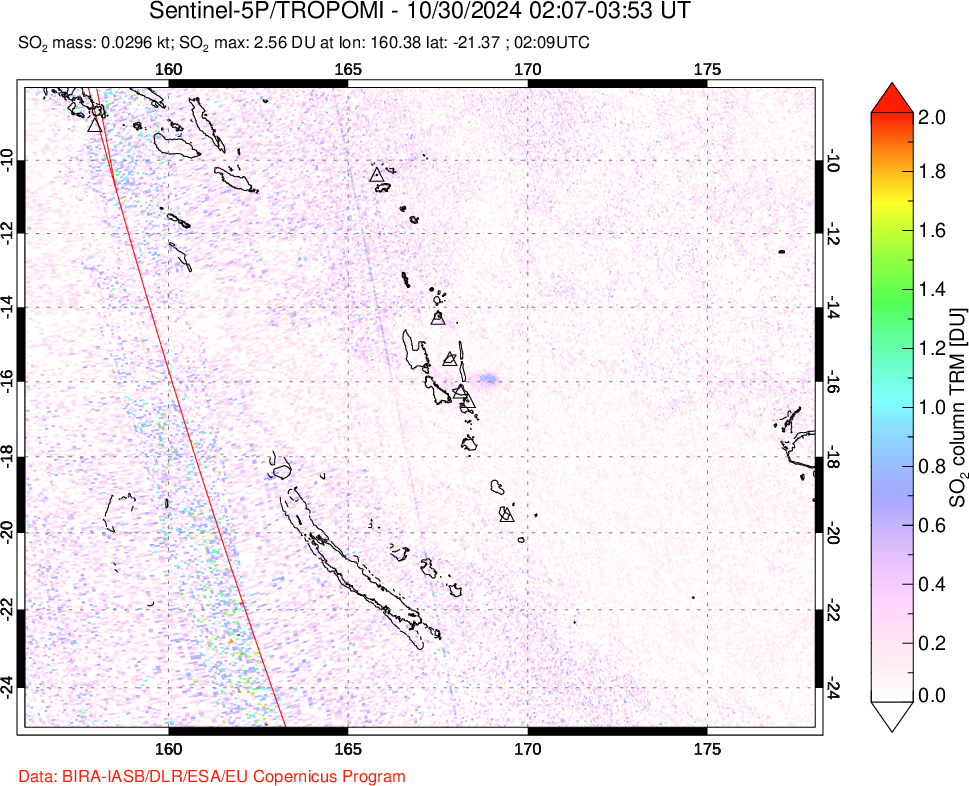 A sulfur dioxide image over Vanuatu, South Pacific on Oct 30, 2024.