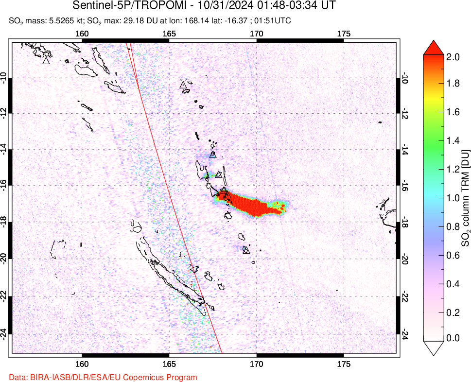 A sulfur dioxide image over Vanuatu, South Pacific on Oct 31, 2024.