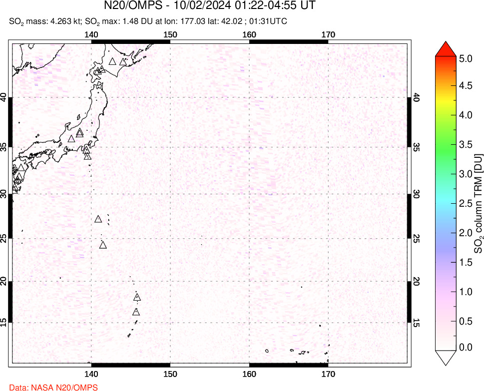 A sulfur dioxide image over Western Pacific on Oct 02, 2024.