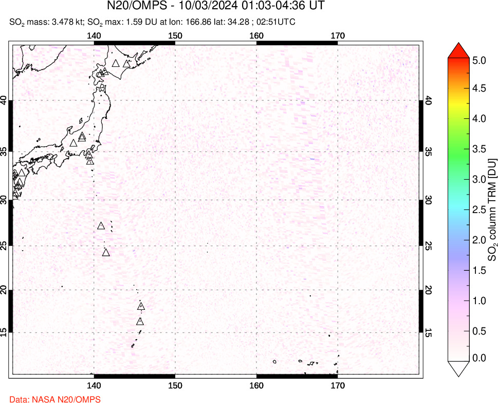 A sulfur dioxide image over Western Pacific on Oct 03, 2024.