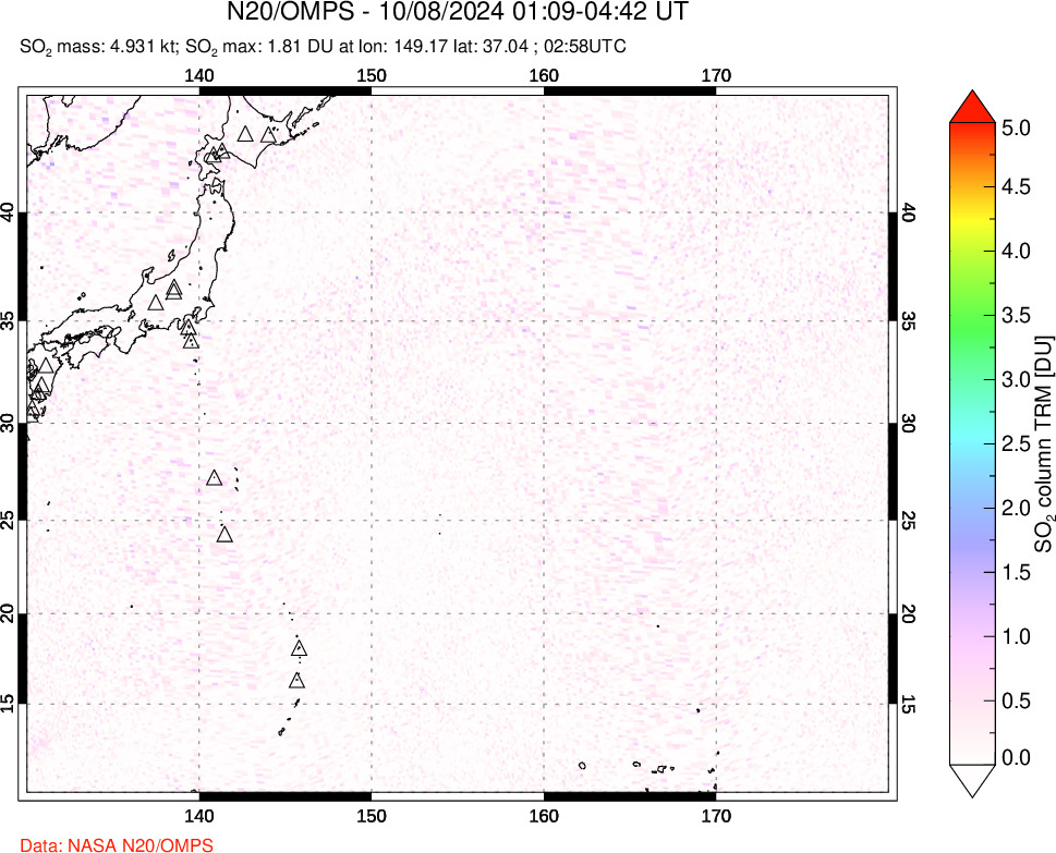 A sulfur dioxide image over Western Pacific on Oct 08, 2024.