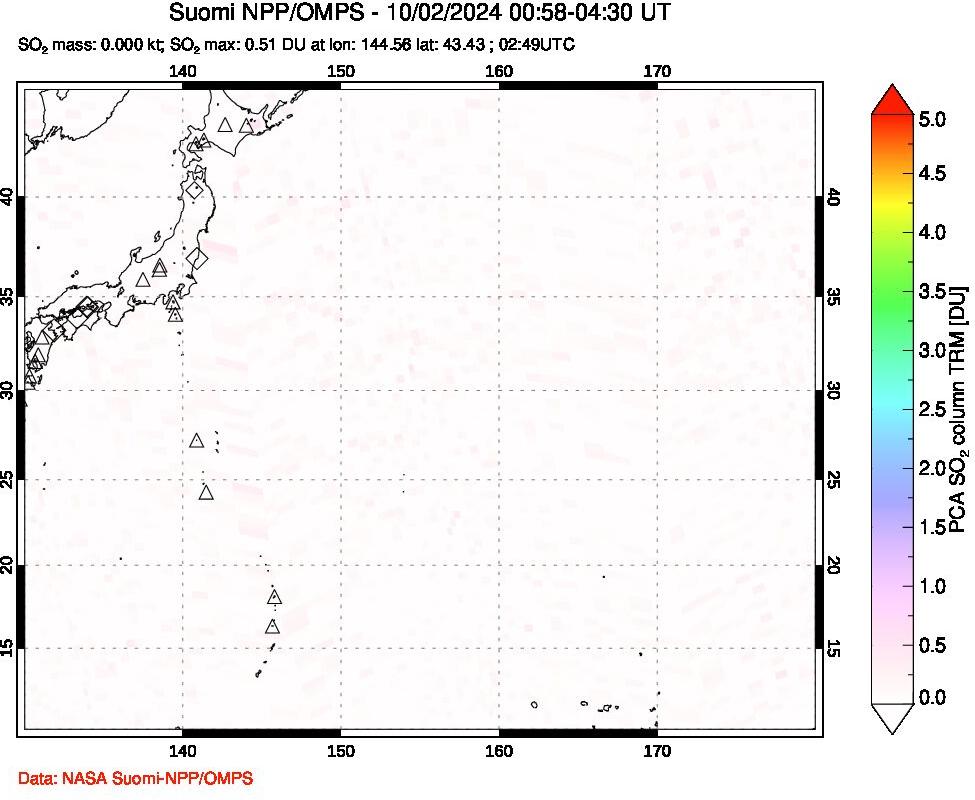 A sulfur dioxide image over Western Pacific on Oct 02, 2024.