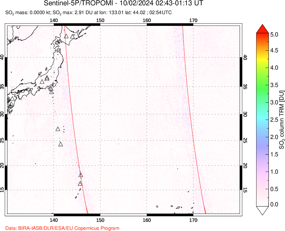 A sulfur dioxide image over Western Pacific on Oct 02, 2024.