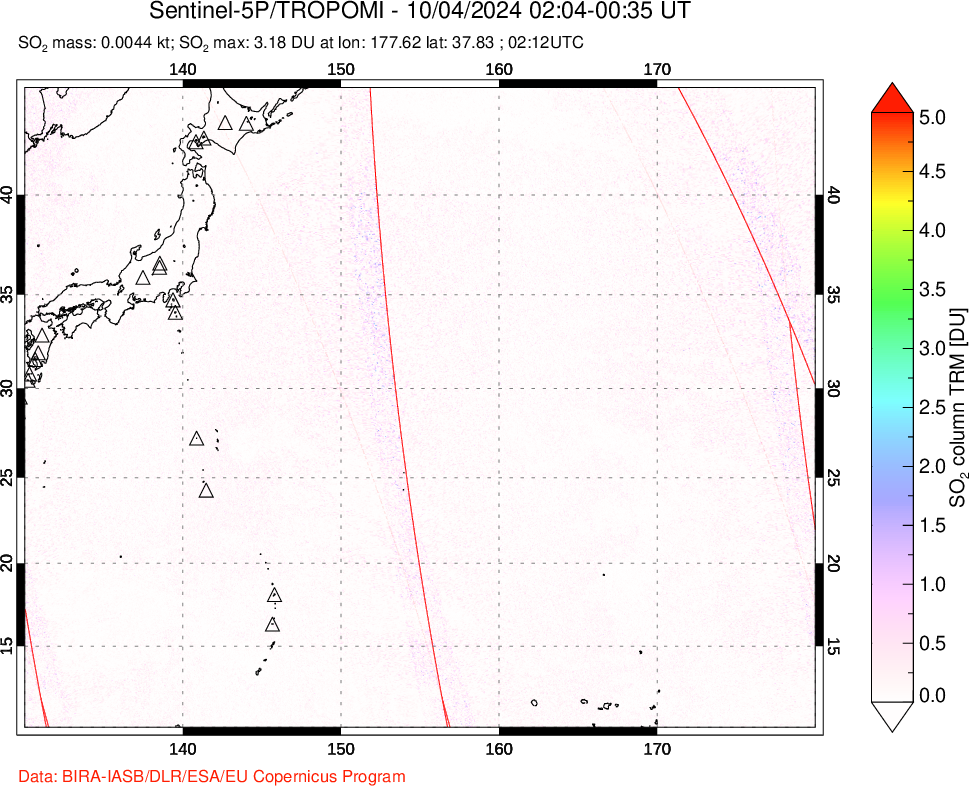 A sulfur dioxide image over Western Pacific on Oct 04, 2024.