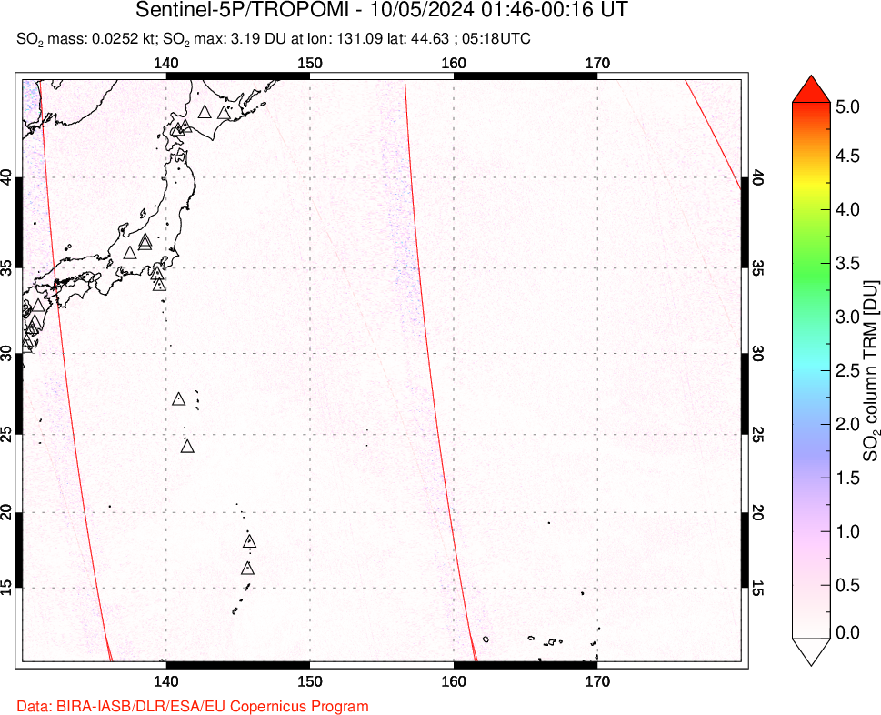 A sulfur dioxide image over Western Pacific on Oct 05, 2024.