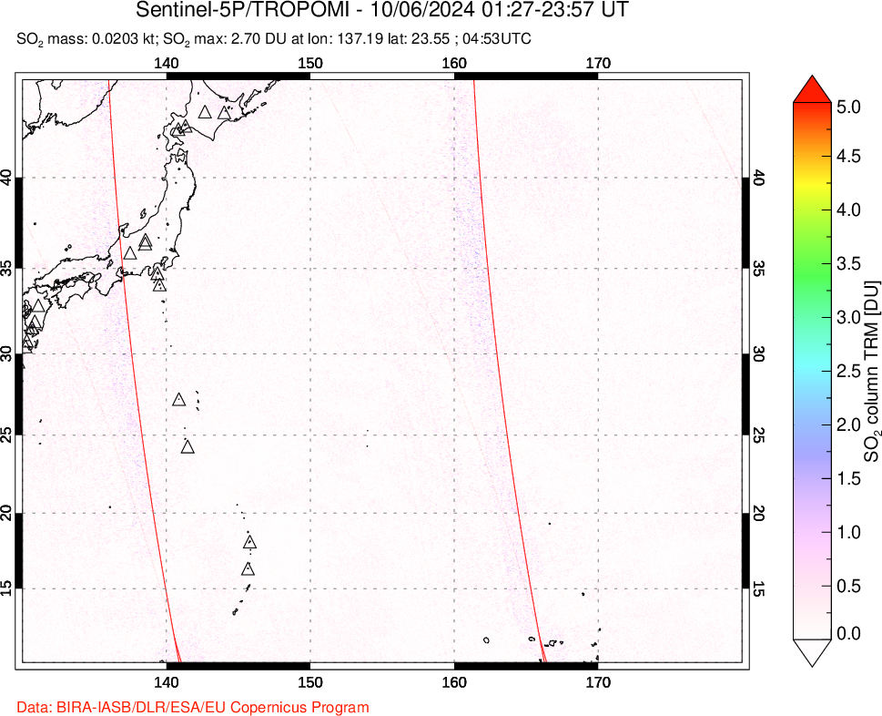 A sulfur dioxide image over Western Pacific on Oct 06, 2024.