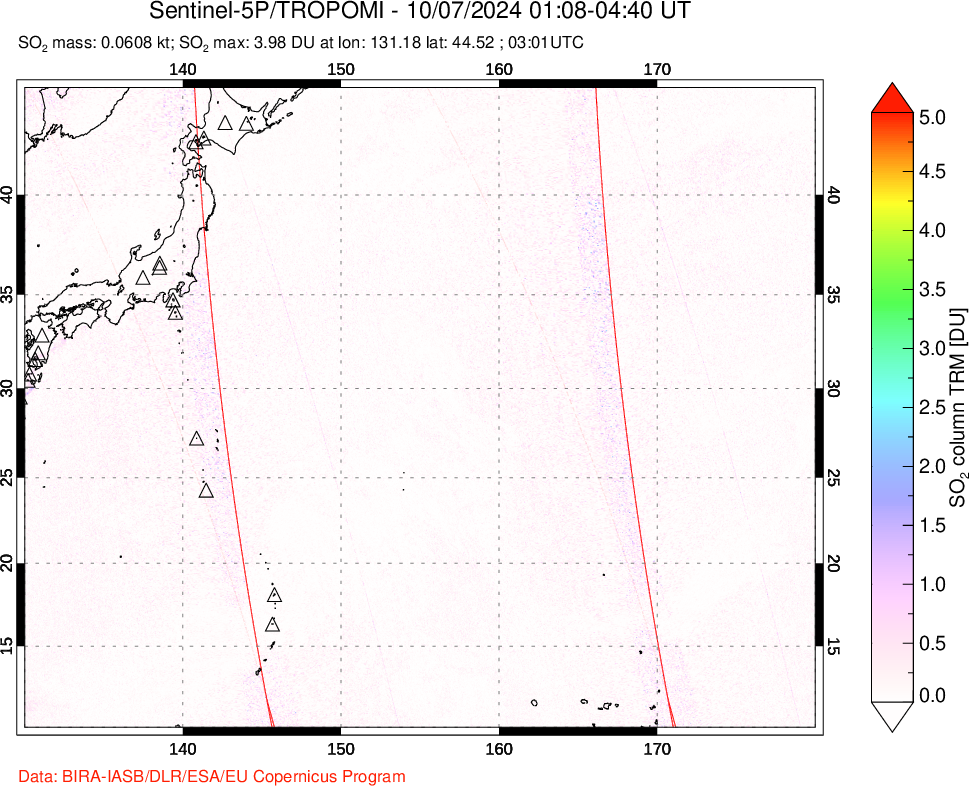 A sulfur dioxide image over Western Pacific on Oct 07, 2024.