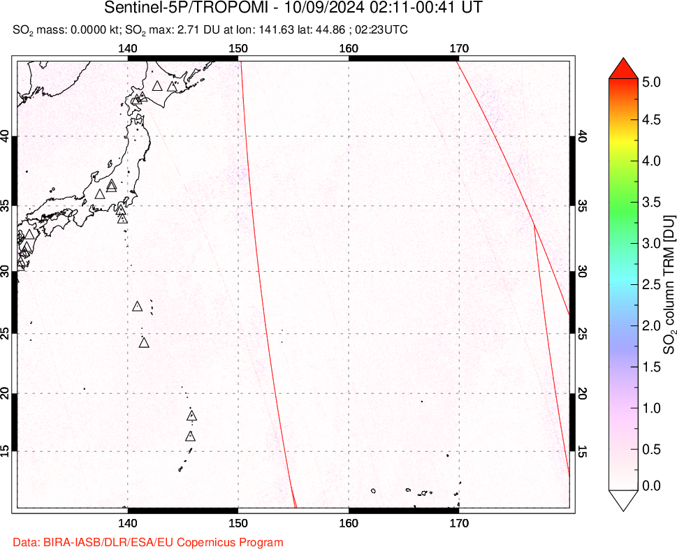 A sulfur dioxide image over Western Pacific on Oct 09, 2024.