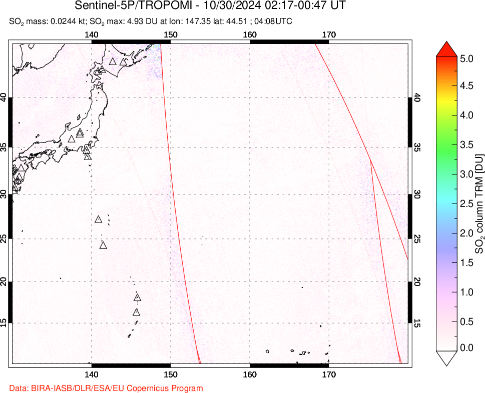 A sulfur dioxide image over Western Pacific on Oct 30, 2024.