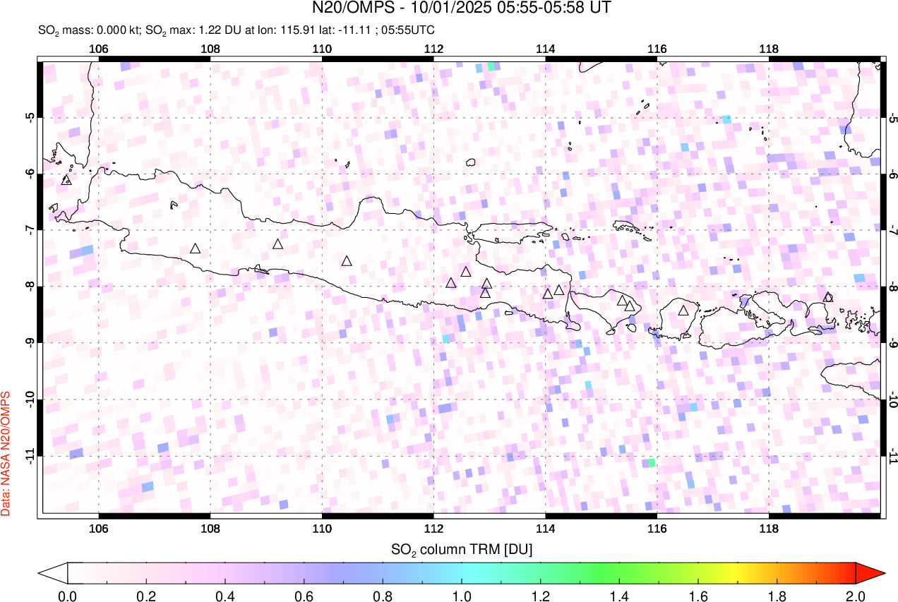 A sulfur dioxide image over Java, Indonesia on Oct 01, 2025.