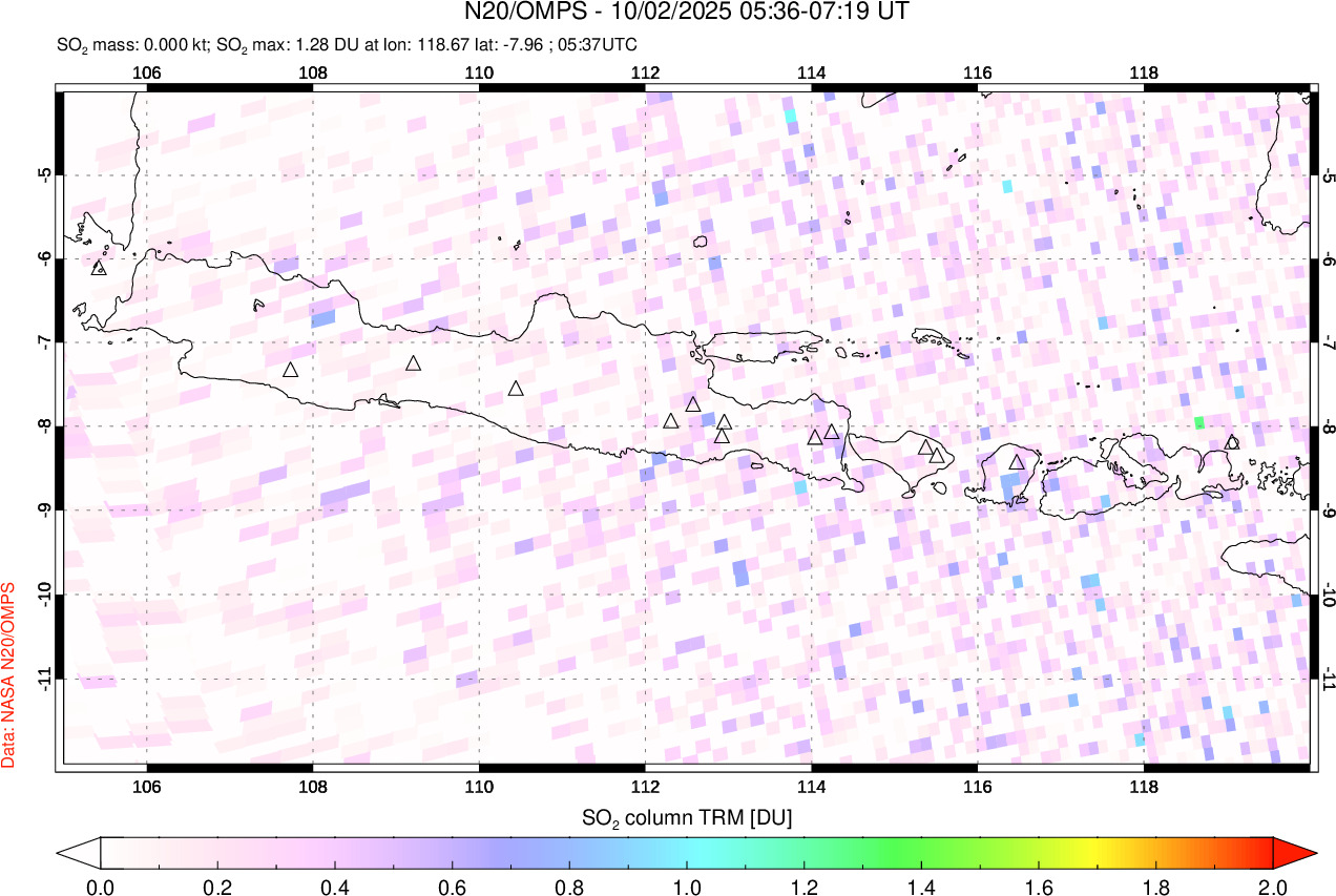 A sulfur dioxide image over Java, Indonesia on Oct 02, 2025.