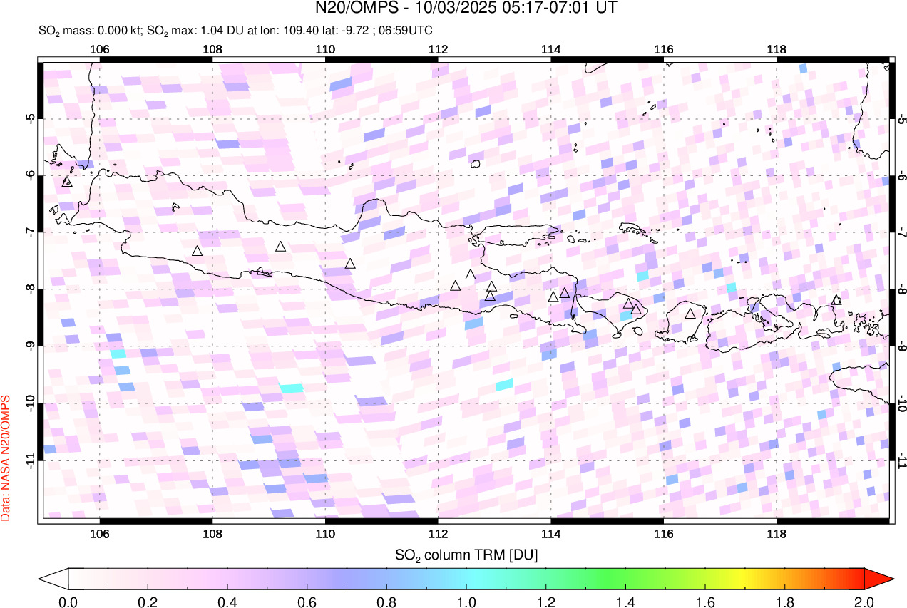 A sulfur dioxide image over Java, Indonesia on Oct 03, 2025.