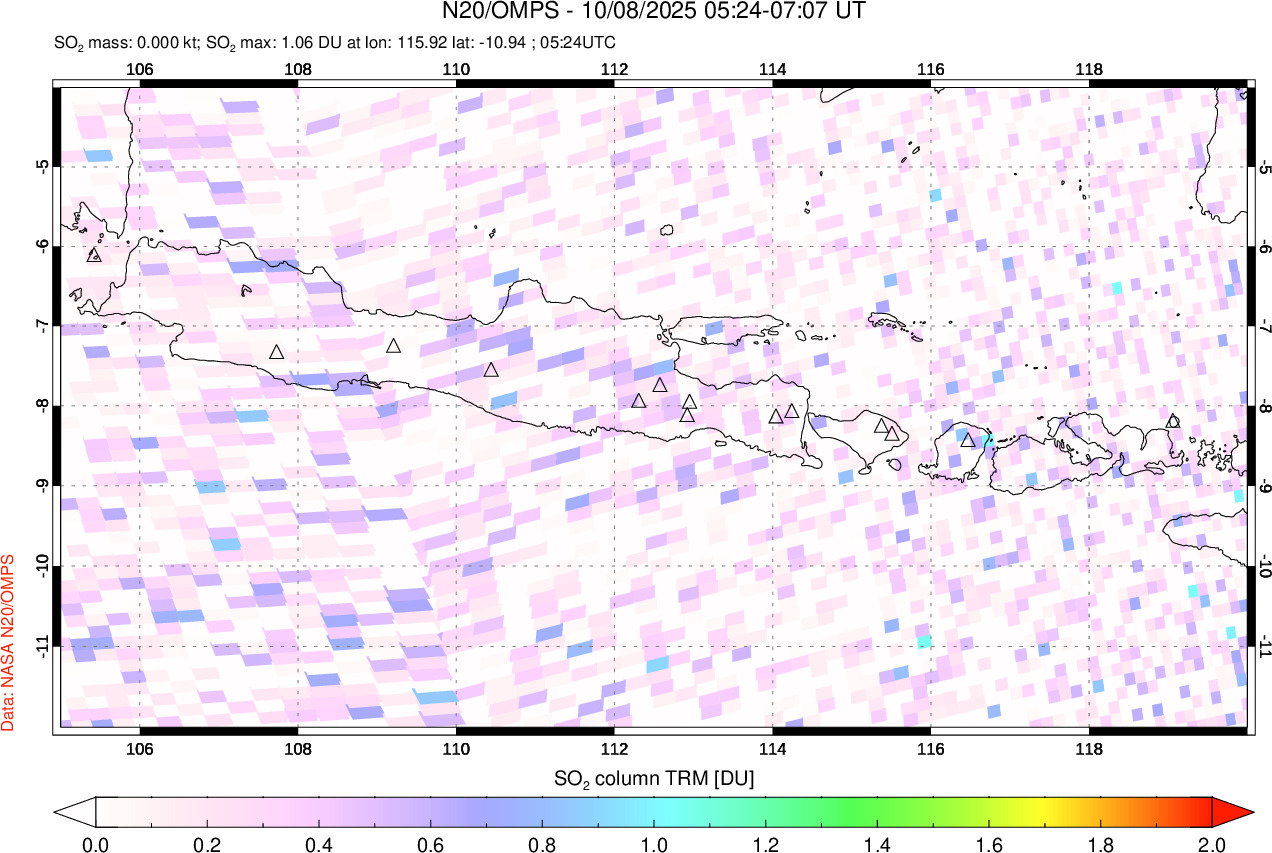 A sulfur dioxide image over Java, Indonesia on Oct 08, 2025.