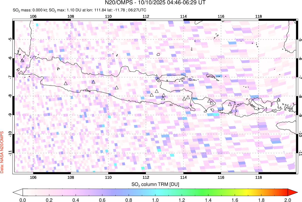 A sulfur dioxide image over Java, Indonesia on Oct 10, 2025.