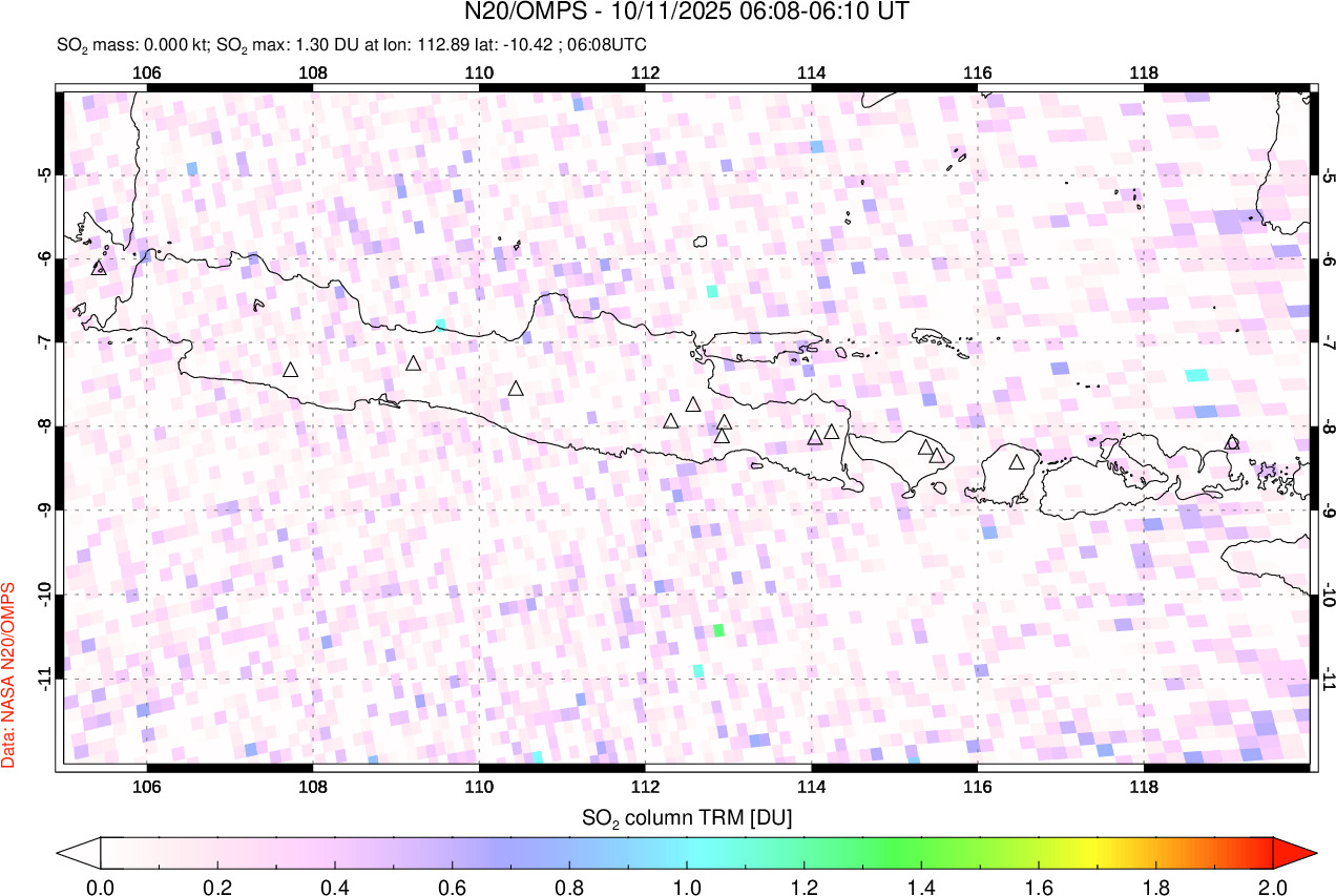 A sulfur dioxide image over Java, Indonesia on Oct 11, 2025.