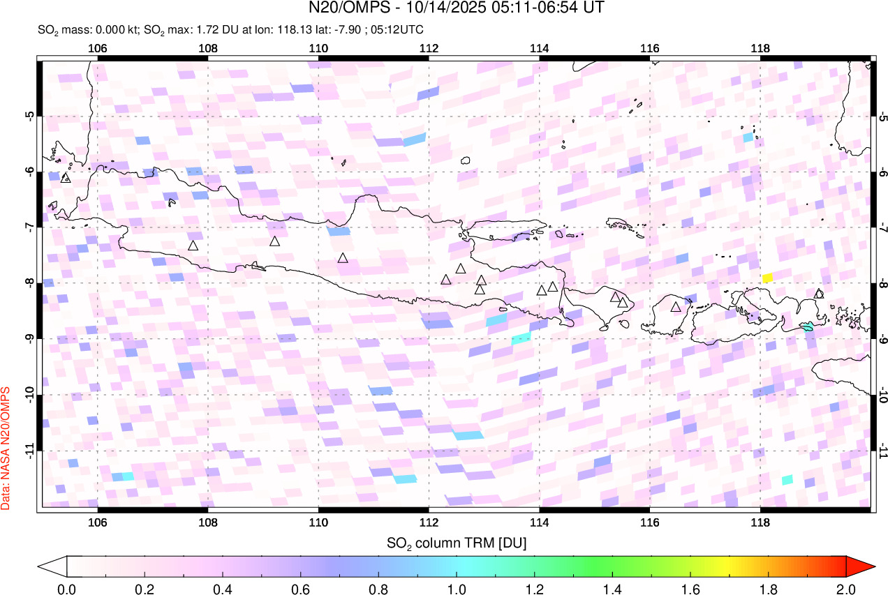 A sulfur dioxide image over Java, Indonesia on Oct 14, 2025.