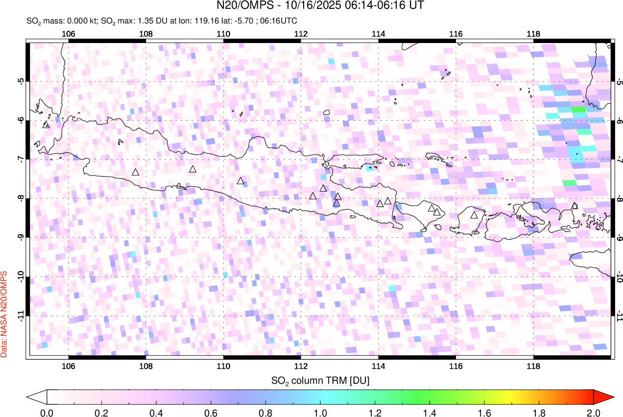 A sulfur dioxide image over Java, Indonesia on Oct 16, 2025.