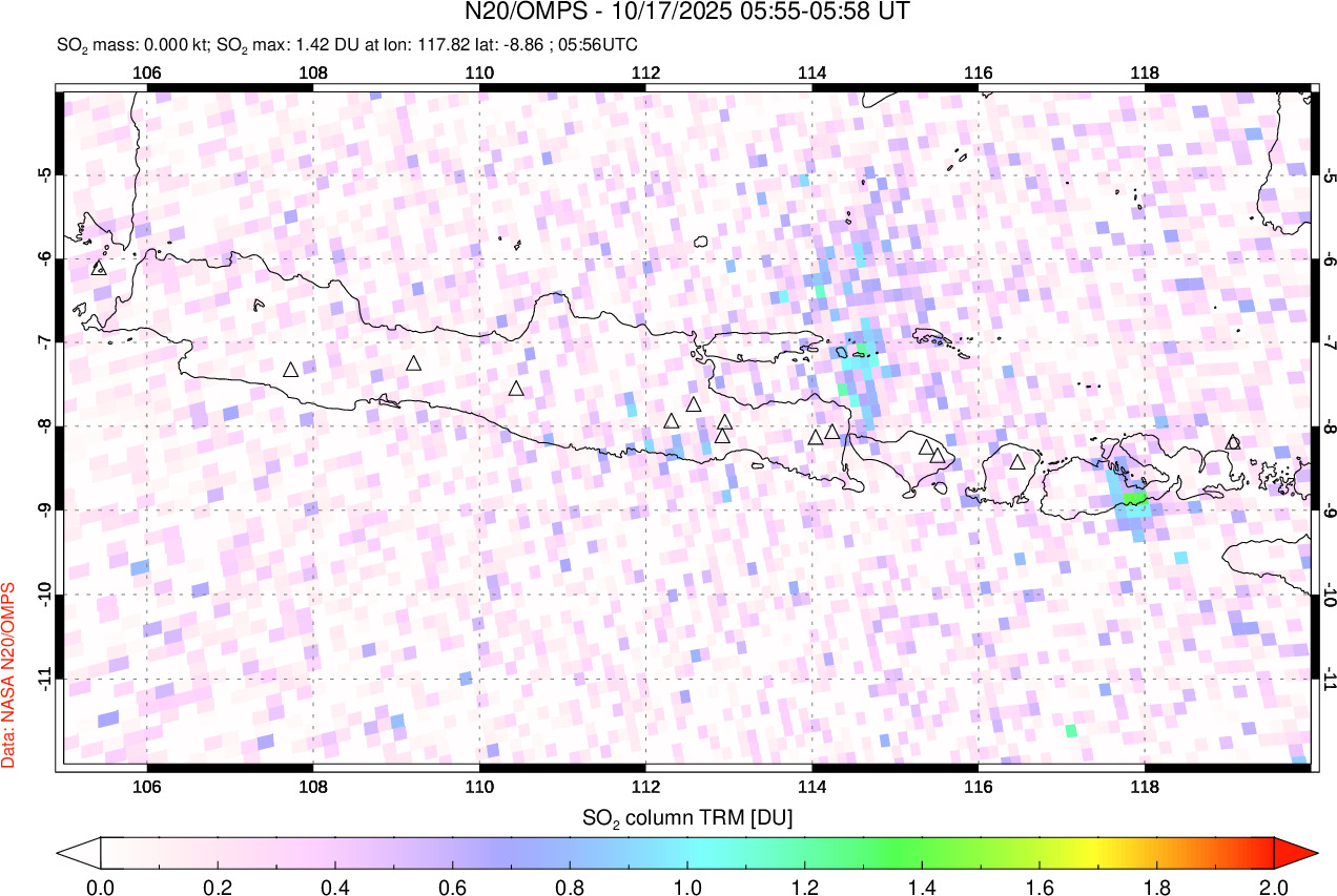 A sulfur dioxide image over Java, Indonesia on Oct 17, 2025.