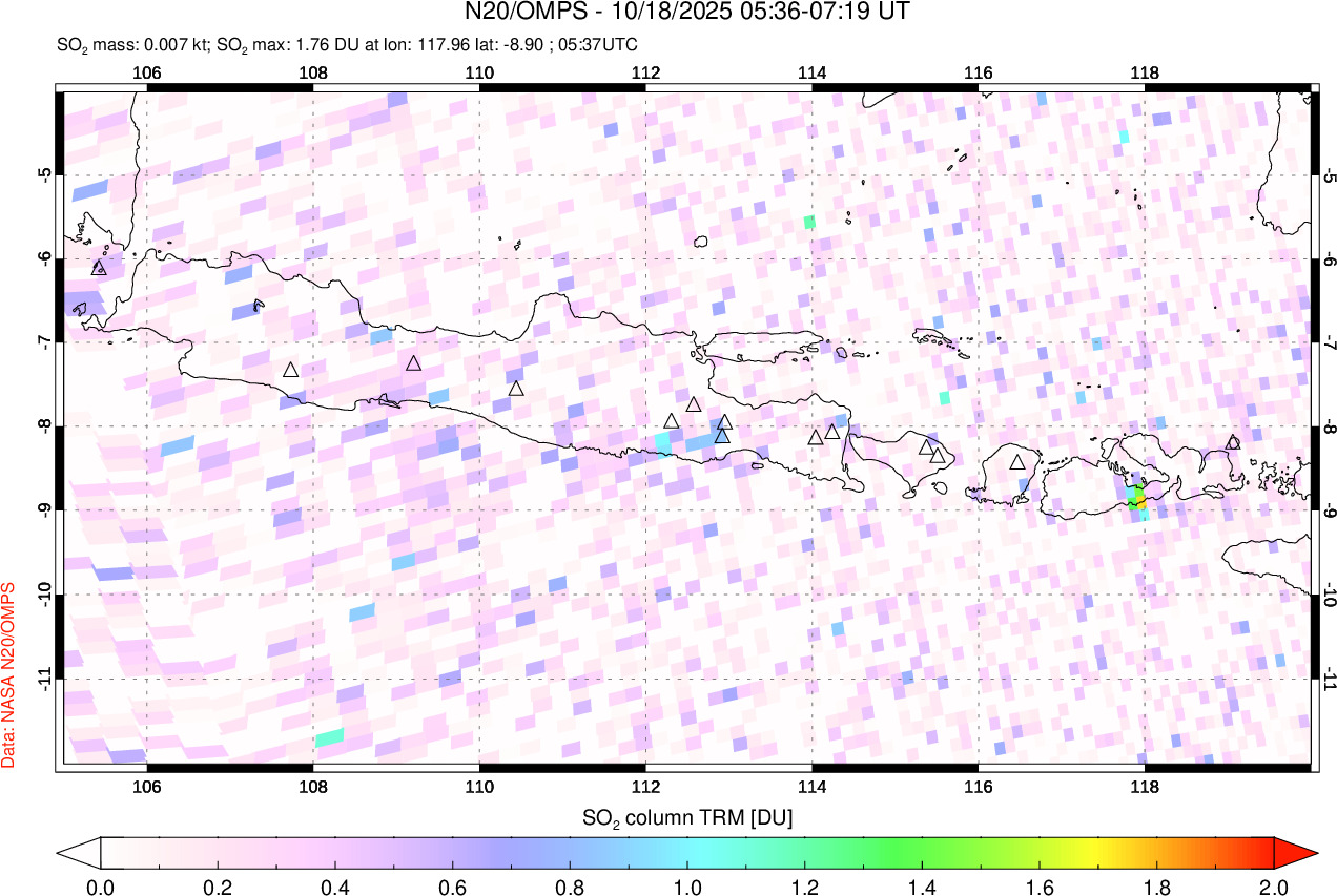 A sulfur dioxide image over Java, Indonesia on Oct 18, 2025.
