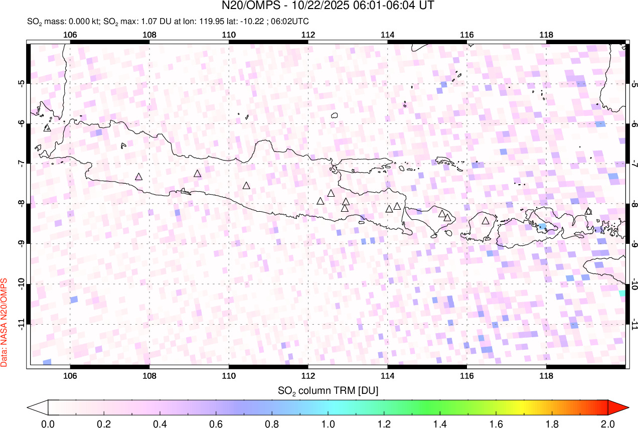 A sulfur dioxide image over Java, Indonesia on Oct 22, 2025.