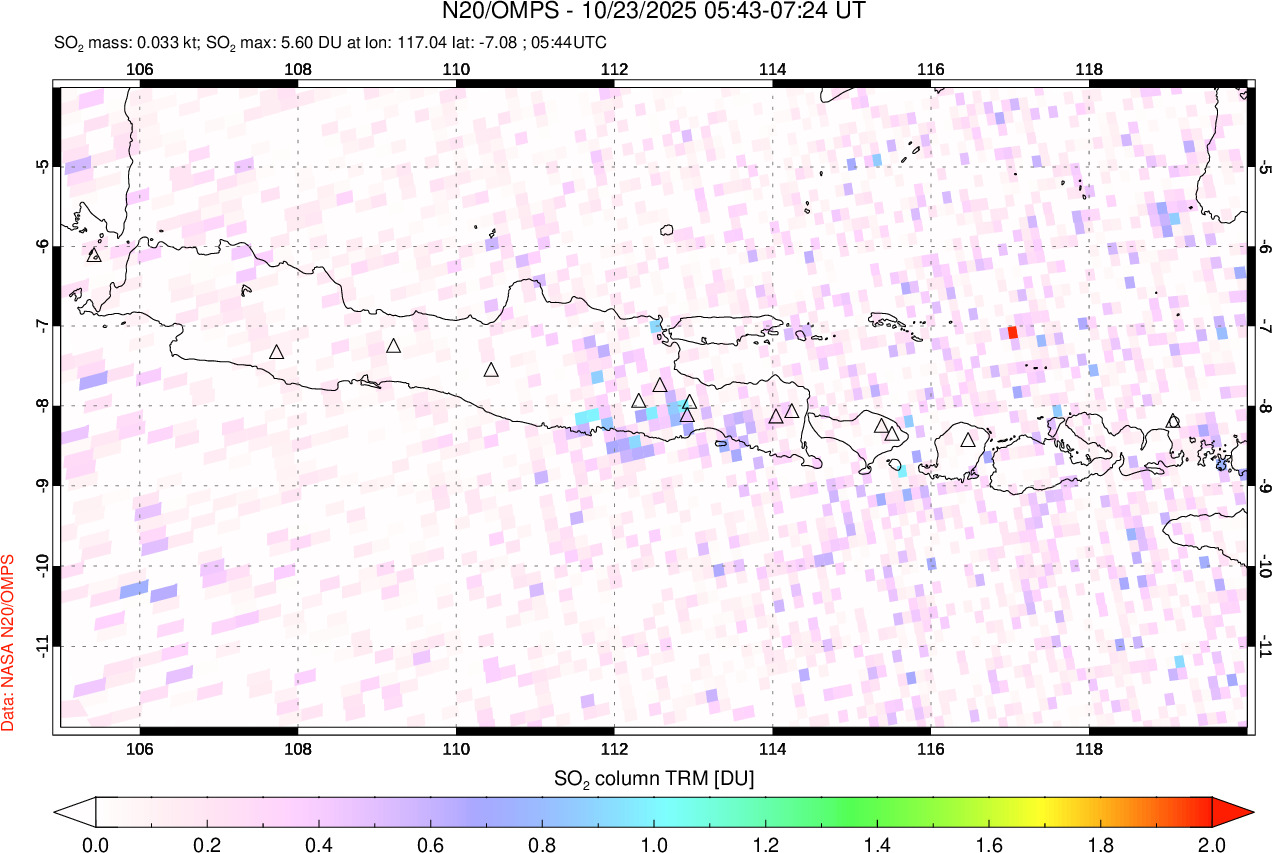 A sulfur dioxide image over Java, Indonesia on Oct 23, 2025.