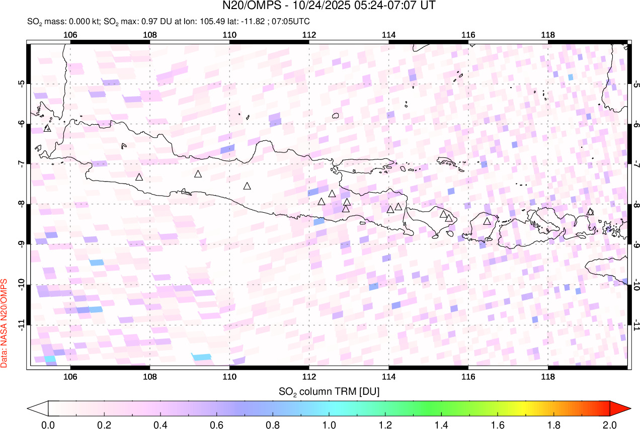 A sulfur dioxide image over Java, Indonesia on Oct 24, 2025.