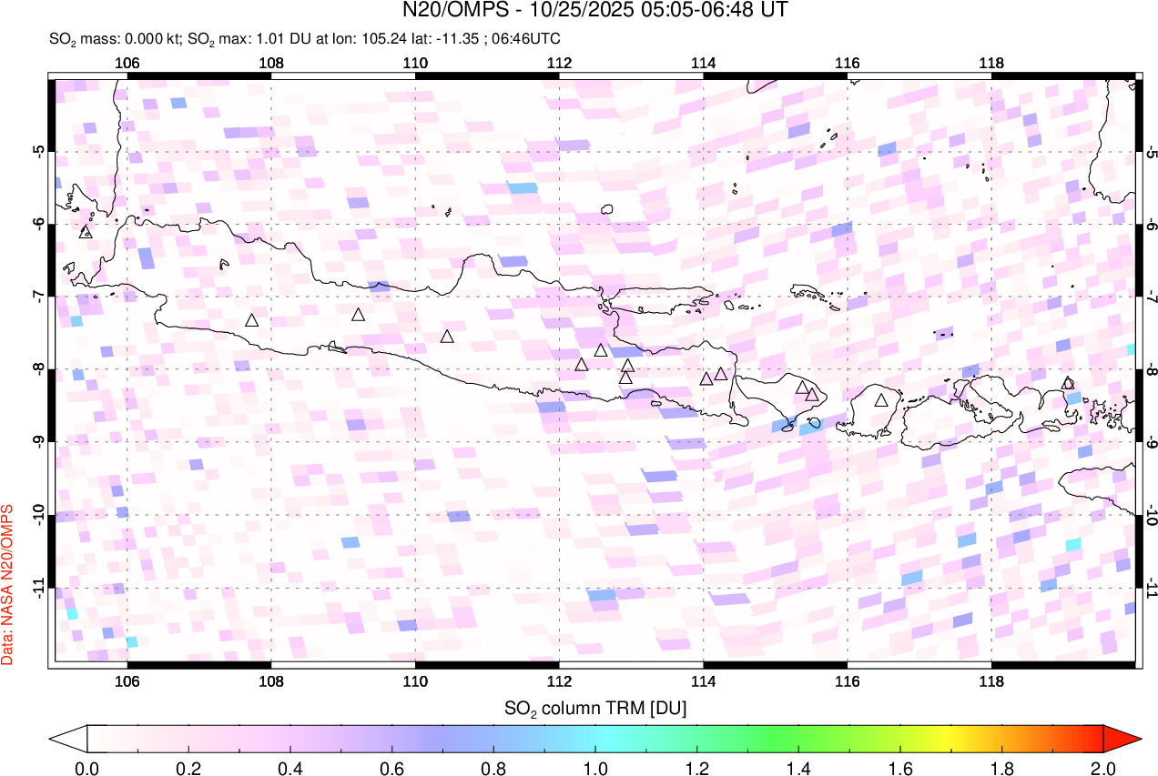 A sulfur dioxide image over Java, Indonesia on Oct 25, 2025.