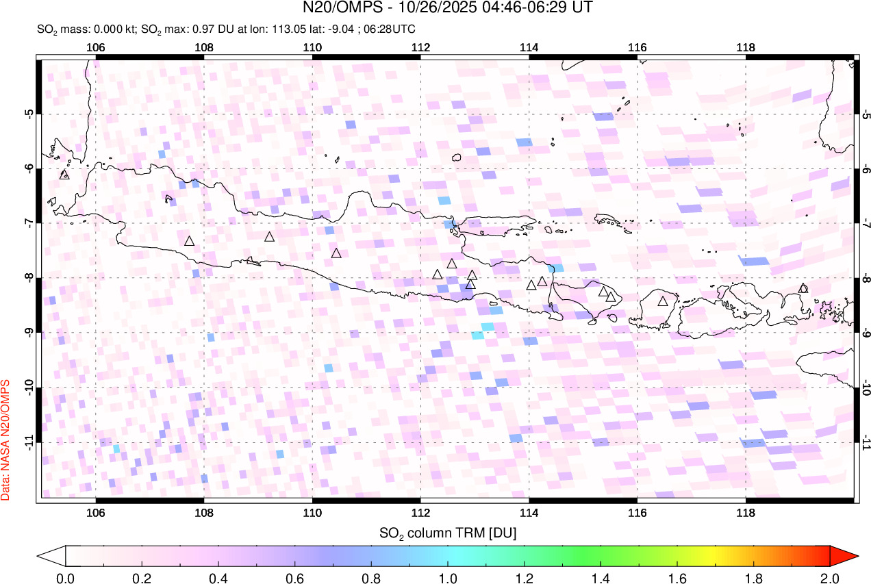 A sulfur dioxide image over Java, Indonesia on Oct 26, 2025.