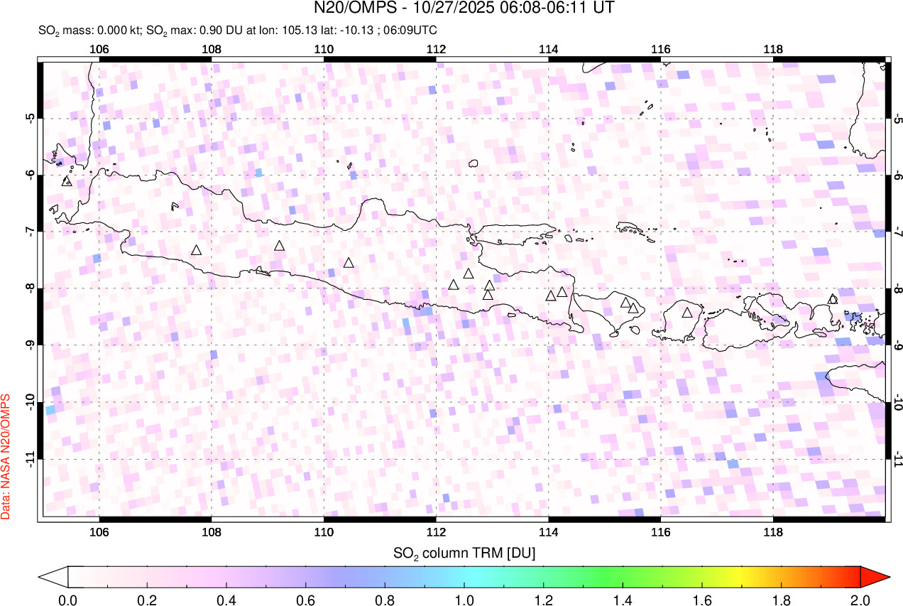 A sulfur dioxide image over Java, Indonesia on Oct 27, 2025.