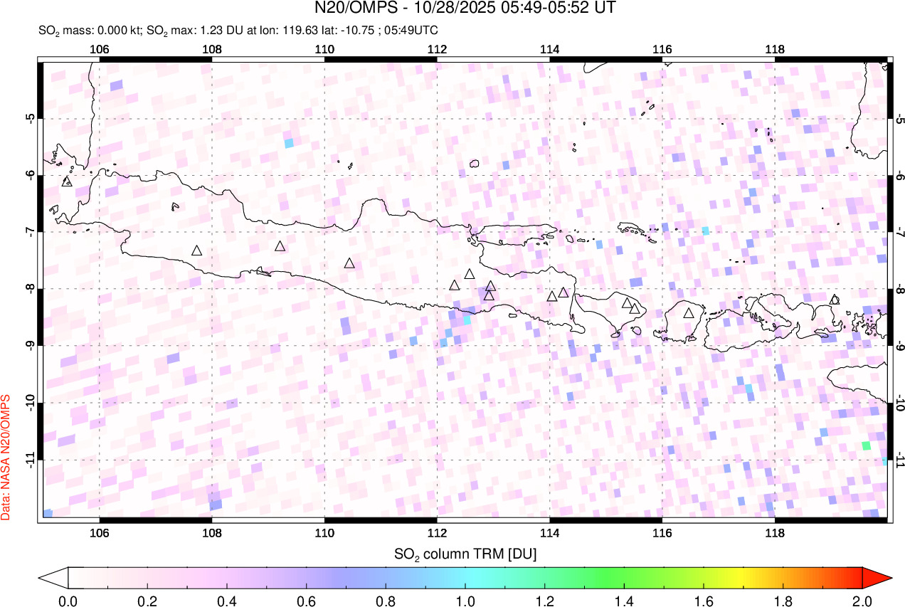 A sulfur dioxide image over Java, Indonesia on Oct 28, 2025.