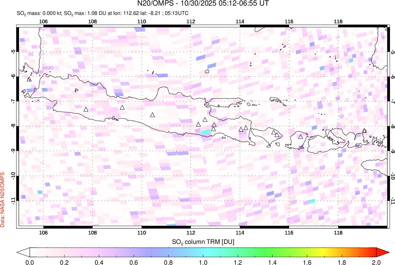 A sulfur dioxide image over Java, Indonesia on Oct 30, 2025.