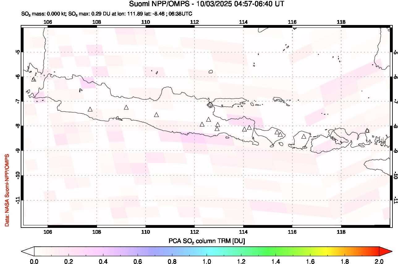 A sulfur dioxide image over Java, Indonesia on Oct 03, 2025.