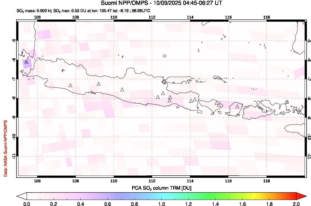 A sulfur dioxide image over Java, Indonesia on Oct 09, 2025.