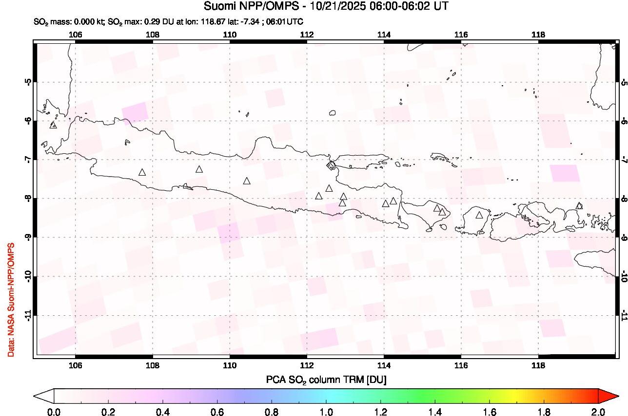 A sulfur dioxide image over Java, Indonesia on Oct 21, 2025.