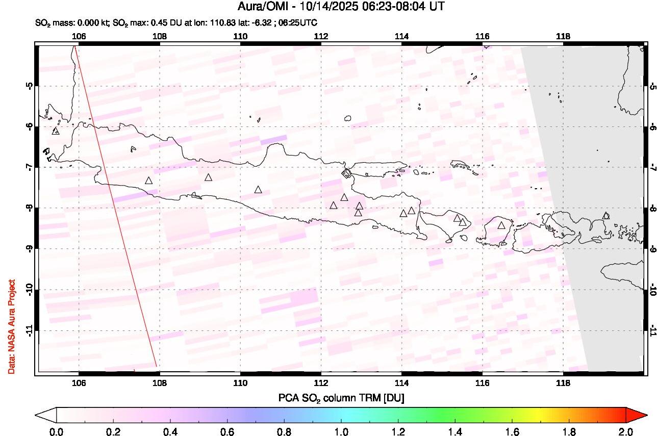 A sulfur dioxide image over Java, Indonesia on Oct 14, 2025.