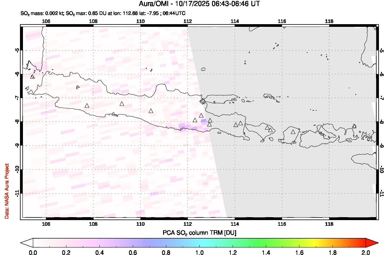A sulfur dioxide image over Java, Indonesia on Oct 17, 2025.