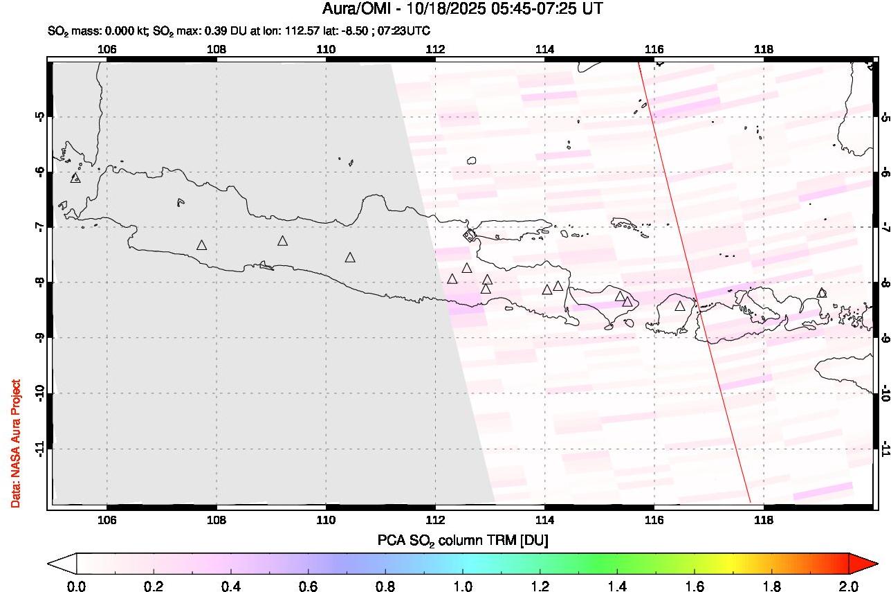 A sulfur dioxide image over Java, Indonesia on Oct 18, 2025.