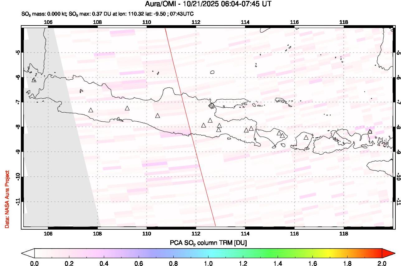 A sulfur dioxide image over Java, Indonesia on Oct 21, 2025.