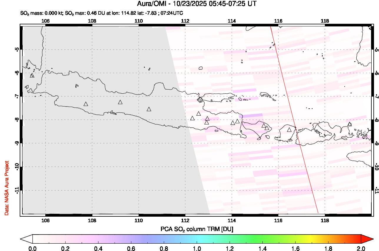 A sulfur dioxide image over Java, Indonesia on Oct 23, 2025.