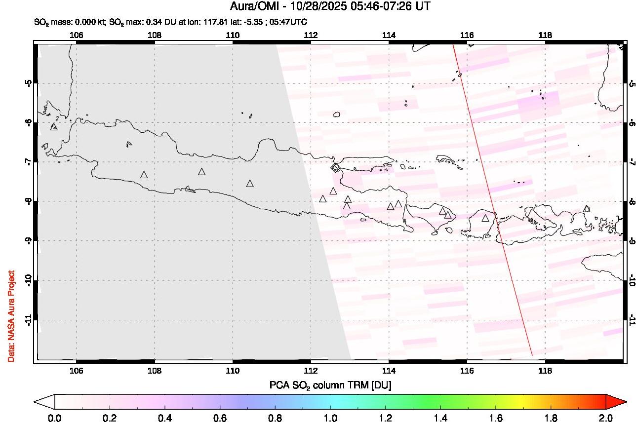A sulfur dioxide image over Java, Indonesia on Oct 28, 2025.