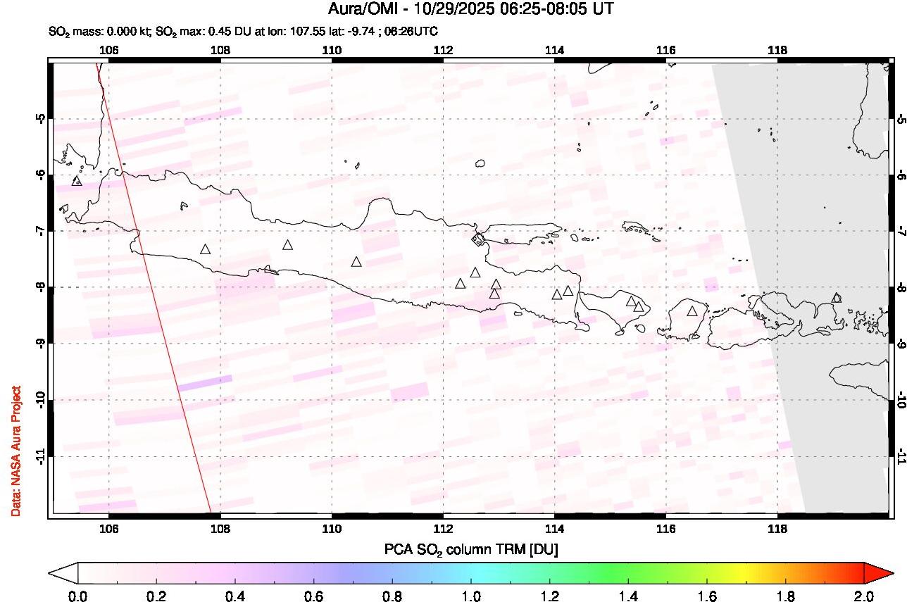 A sulfur dioxide image over Java, Indonesia on Oct 29, 2025.