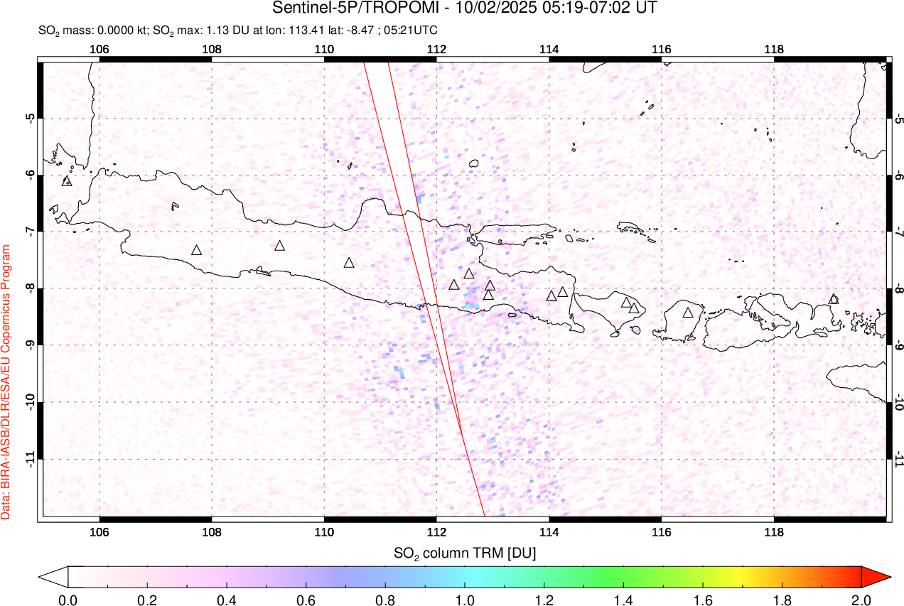 A sulfur dioxide image over Java, Indonesia on Oct 02, 2025.
