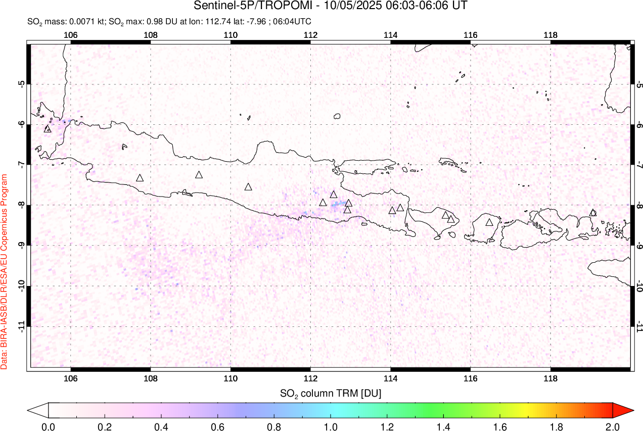 A sulfur dioxide image over Java, Indonesia on Oct 05, 2025.