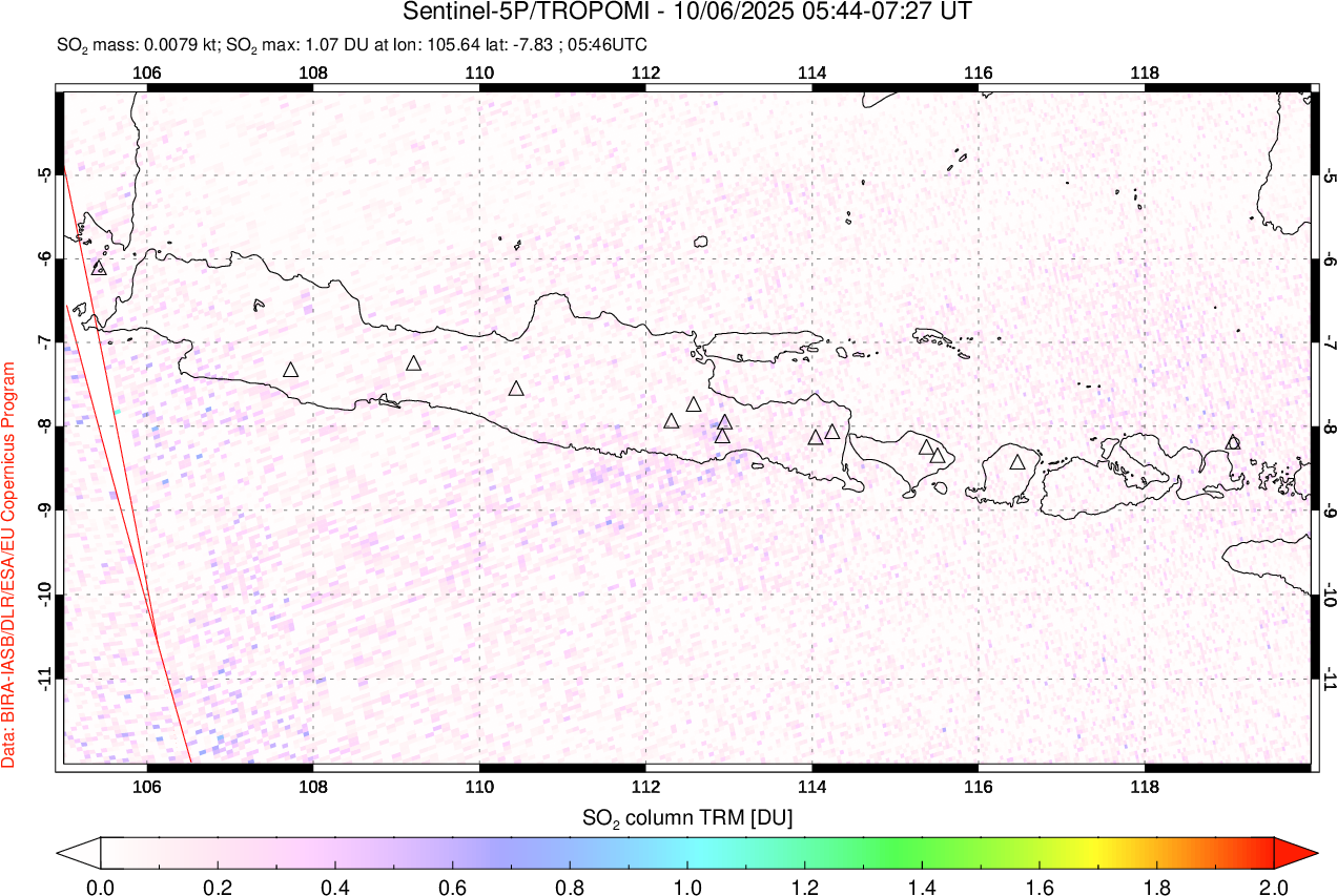 A sulfur dioxide image over Java, Indonesia on Oct 06, 2025.