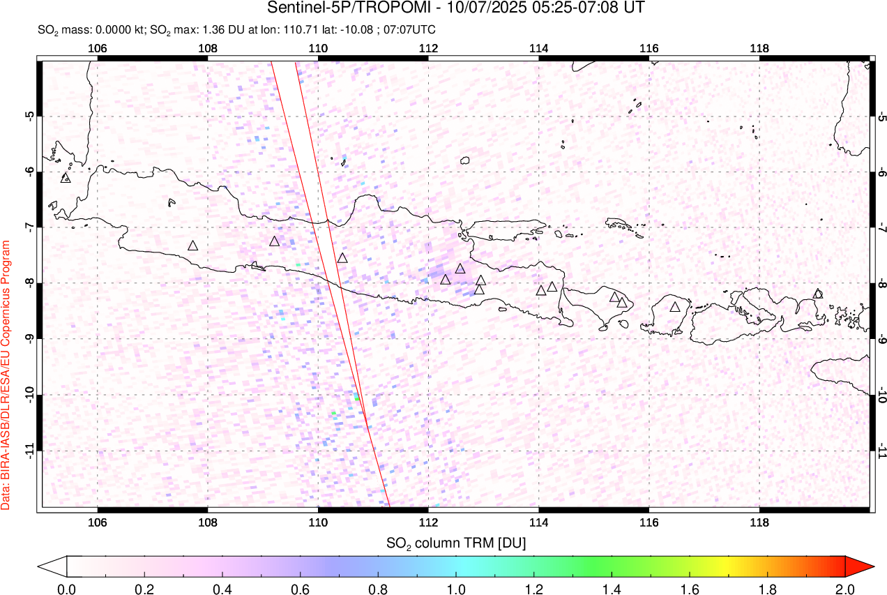 A sulfur dioxide image over Java, Indonesia on Oct 07, 2025.