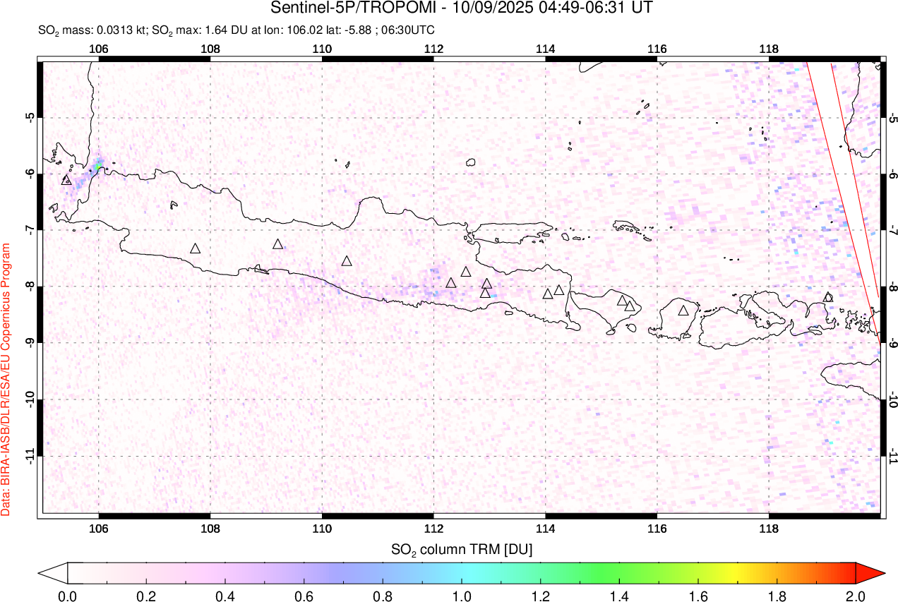 A sulfur dioxide image over Java, Indonesia on Oct 09, 2025.