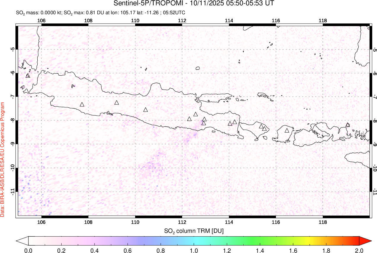 A sulfur dioxide image over Java, Indonesia on Oct 11, 2025.
